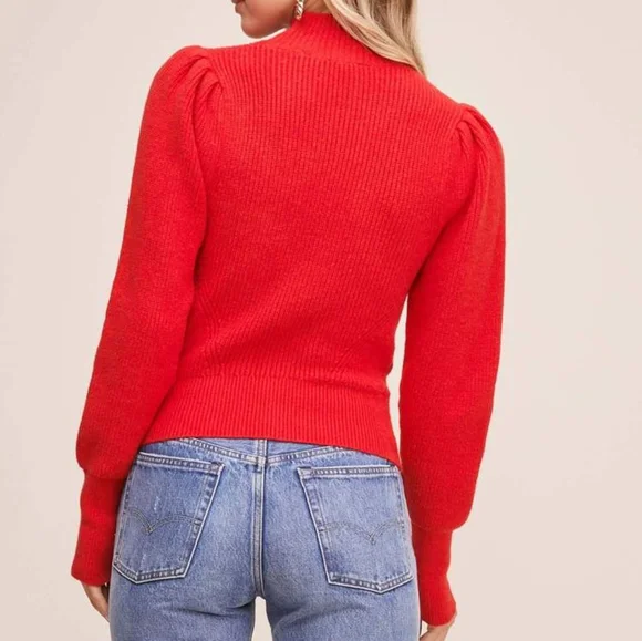 NEW ASTR The Label Red Mock Neck Puff Sleeve Sweater M - Picture 4 of 5